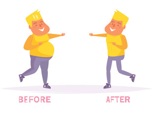 Weight loss. Before and after. Obesity Vector. Cartoon. Isolated art