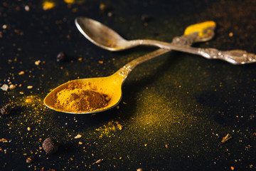 Assorted spices in spoons with empty space for text on dark black background. Seasonings for food. Curry, paprika, pepper, cardamom, cloves, turmeric. Close-up.