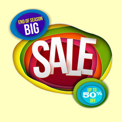 Big Sale Inscription banner. Vector illustration. Paper art cut out craft layers. Colorfull background. Cutout style for presentations, flyers, posters and banners.