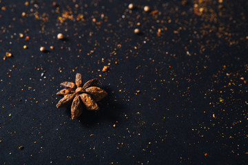 Assorted spices with empty space for text on dark black background. Seasonings for food. Curry, paprika, pepper, cardamom, cloves, turmeric, anise. Top view. Close-up.
