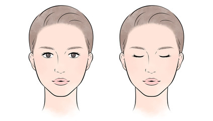 目を開けた女性、閉じた女性