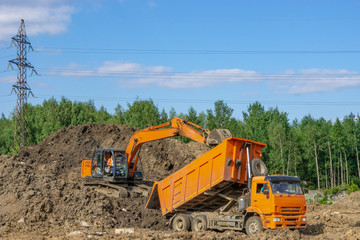 Orange excavator loads the soil in an orange truck