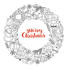 Hand drawn Merry Christmas doodle objects in circle composition around text. Vector illustration of New year symbols  isolated on white background. Happy holidays.