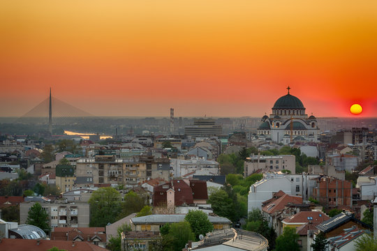 Belgrade panorama with the temple of St. Sava and sunset