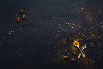 Assorted spices in spoons with empty space for text on dark black background. Seasonings for food....