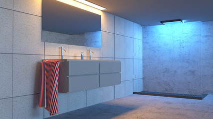 Particolare di un bagno, lavabo specchio e doccia. Bagno moderno e luci rilassanti. 3d rendering
