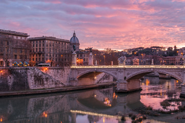 Sunset in Rome, bridge, river, light, evening