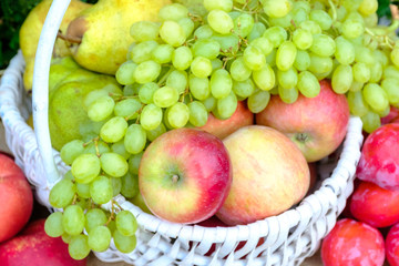 Organic fresh fruit in a white wicker basket. Apples, pears, grapes, peaches, plums.
