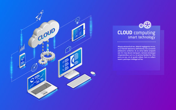 Cloud technology computing concept. Network illustration with computer, laptop, tablet, and smartphone. 3d landing page layout, web banner