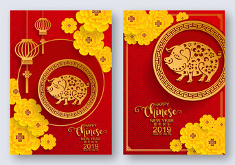 Happy chinese new year 2019 Zodiac sign with gold paper cut art and craft style on color Background.(Chinese Translation : Year of the pig)