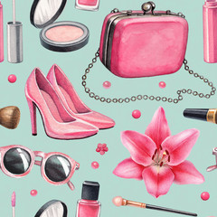 Illustrations of make up products and accessories. Seamless pattern