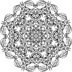 Mandala. Sweet pea, Camellia. Beautiful vintage round pattern. Decorative retro banner isolated. Invitation, t-shirt print.Tattoo element.black and white