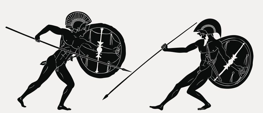 Two ancient Greek warrior Hector and Achilles with a spear and shield in his hands isolated on a grey background.
