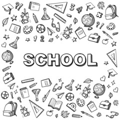 black and white school vector school banner with hand drawing icons