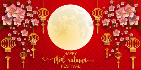 Mid Autumn Festival with paper cut art and craft style on color Background.
