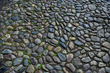 Ancient cobble surface using irregular stones of varying size and colour. Netherlands.