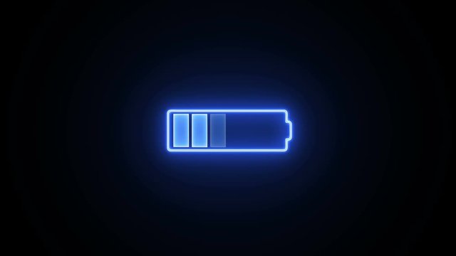 Abstract sign of the neon battery charging on the black screen background.