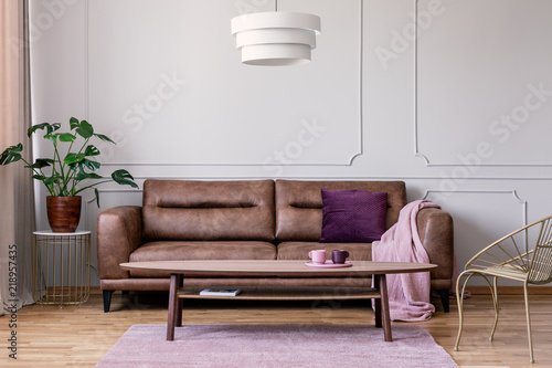 Real Photo Of Brown Leather Sofa With Violet Cushion And