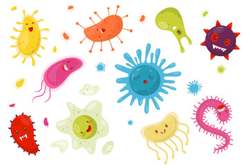 Cute microbes with funny faces, colorful humanized bacterias cartoon characters vector Illustration on a white background