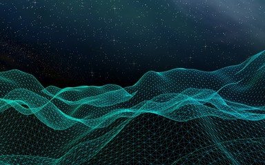 Abstract landscape on a dark background. Cyberspace grid. Hi-tech network. Outer space. Starry outer space texture. 3D illustration