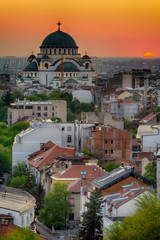 Fototapeta na wymiar Belgrade panorama with the temple of St. Sava and sunset