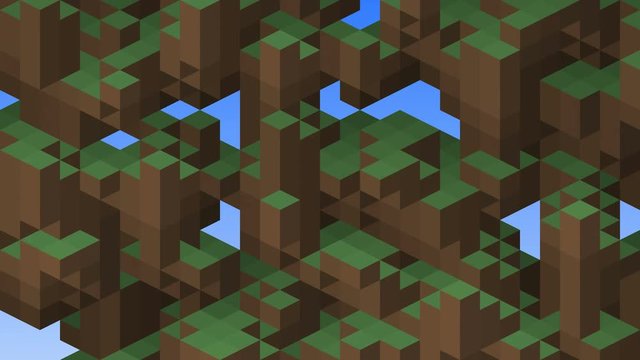 3D cubes loop. Video game isometric geometric mosaic pattern. Construction of hills landscape using brown and green grass blocks against blue sky background.