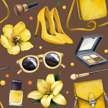 Illustrations of make up products and accessories. Seamless pattern