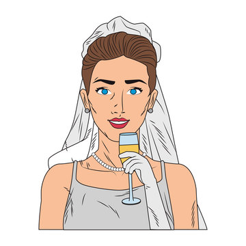 Bride with champagne cup pop art cartoon vector illustration graphic design