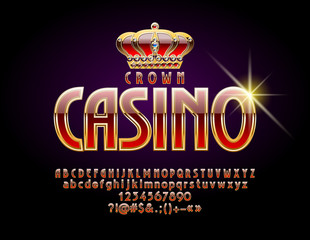 Vector Royal Casino Emblem with Crown. Golden Font set. Luxury Alphabet Letters