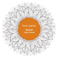 Round vector floral frame design with abstract outline leaves. Floral mandala design.