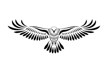 Engraving of stylized hawk. Linear drawing. Decorative bird.