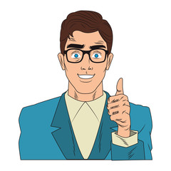 Businessman profile with glasses and thumb up pop art cartoon vector illustration graphic design