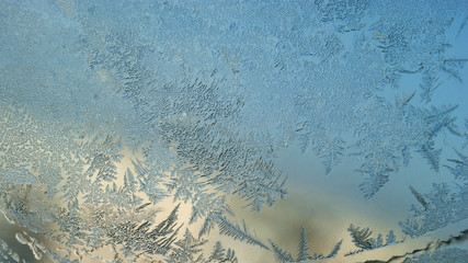 Winter Season Fantasy World Theme Concept: Macro Image Of Colorful Light Frosty Window Glass...