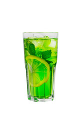 Summer green drink with lemon, lime and mint, ice on isolated white background. Direct perspective, cool, refreshing