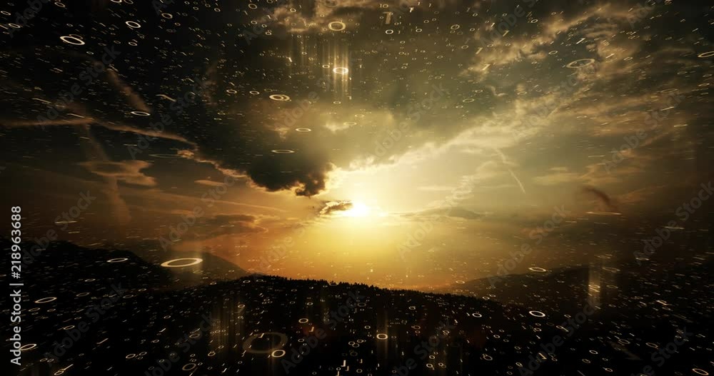 Poster futuristic dark gold colored hilly landscape with computer binary numbers cyberspace background.