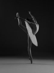 Ballerina in pink. Black and white photo.