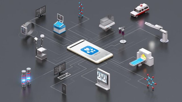 Various Smart health care devices, Medical Equipment connecting smart phone. IoT, mri scanner, ct, x-ray. 4k animation. gray back.