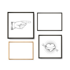 Set of Realistic Light and Dark Wooden Picture Frames on a White Wall with posters heart and pointing finger.
