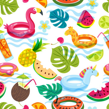 Summer beach or swimming pool seamless pattern. Vector doodle illustration of inflatable kids toys, fruits, cocktails, tropical palm leaves. Trendy design for fashion textile print.