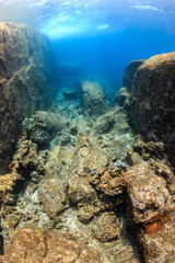 Beautiful underwater scenery and rock formations in a shallow, clear, tropical ocean