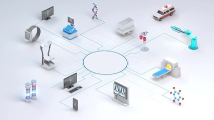 Various Smart health care devices, Medical Equipment connecting network IoT. mri scanner, ct, x-ray. 4k animation. - Powered by Adobe