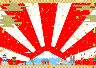 Naklejka premium 日本の風景 金箔 日の出背景