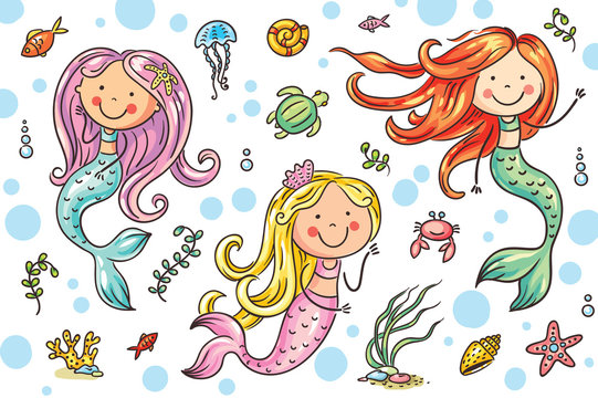 Cartoon mermaid and sea life set, vector