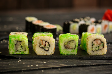 sushi rolls Fresh and delicious (portion of sushi) - Sushi menu. Japanese food. food background
