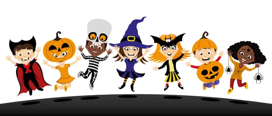 Foto op Aluminium Group of children in costumes for halloween on white background. © Lenan