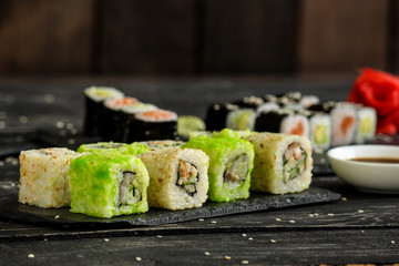 sushi rolls Fresh and delicious (portion of sushi) - Sushi menu. Japanese food. food background