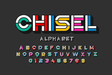 Colorful chisel font design, alphabet letters and numbers