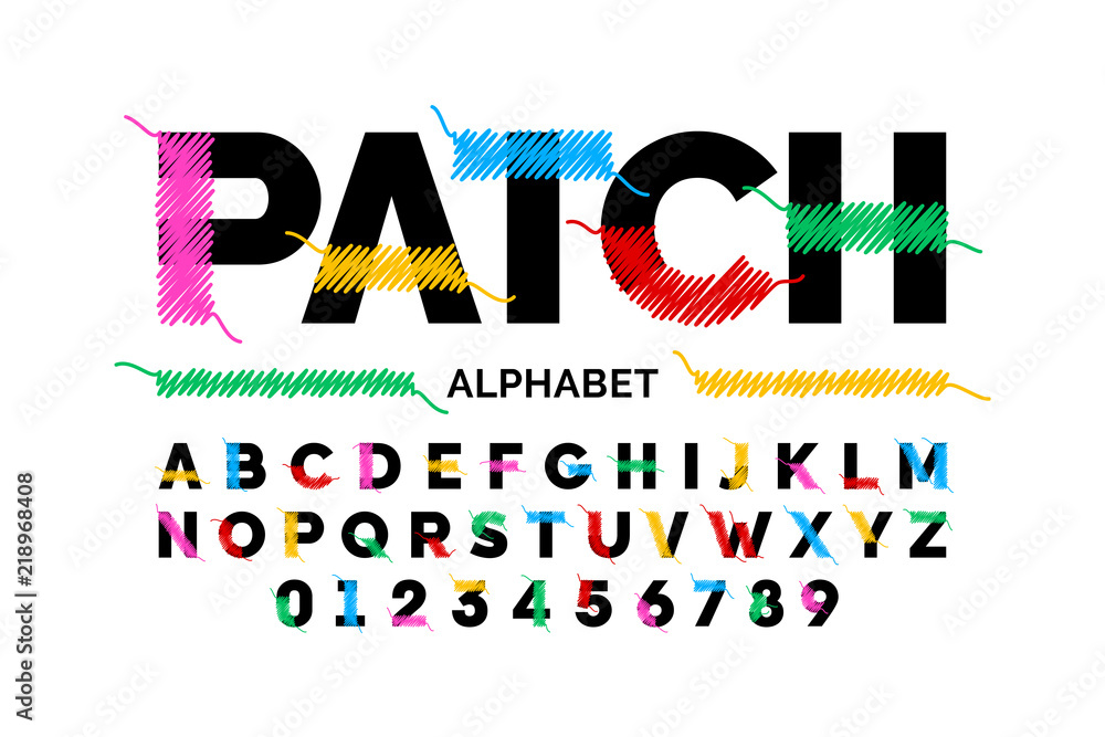 Poster patched font design stitched with thread, embroidery font alphabet letters and numbers