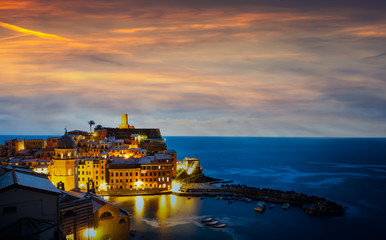 Vernazza village at twilight. Cinque Terre National Park, Liguria Italy