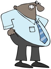 Illustration of a black businessman with a large belly straining to pull up his pants.